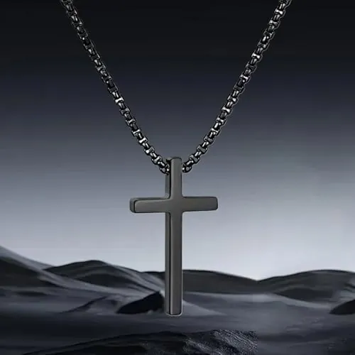 Collar de cruz para hombre - Elegante colgante de acero inoxidable con cadena de caja duradera y longitud ajustable, 22", Metal, Sin piedra preciosa