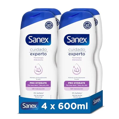 Sanex Cuidado Experto Pro Hydrate Gel de Ducha, Pack 4 Uds x 600ml, Fórmula con Prebiótico Natural, Hidrata Profundamente la Piel, 12H Hidratación, 0% Sulfatos, para Piel Muy Seca