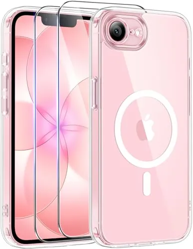 FLLAO Funda para iPhone 16e / 17e, Compatible MagSafe, con 2 Piezas Protector de Pantalla Cristal Templado, [Protección de Cámara] Magnética Carcasa Translúcida Mate Trasera Antigolpes, Transparente