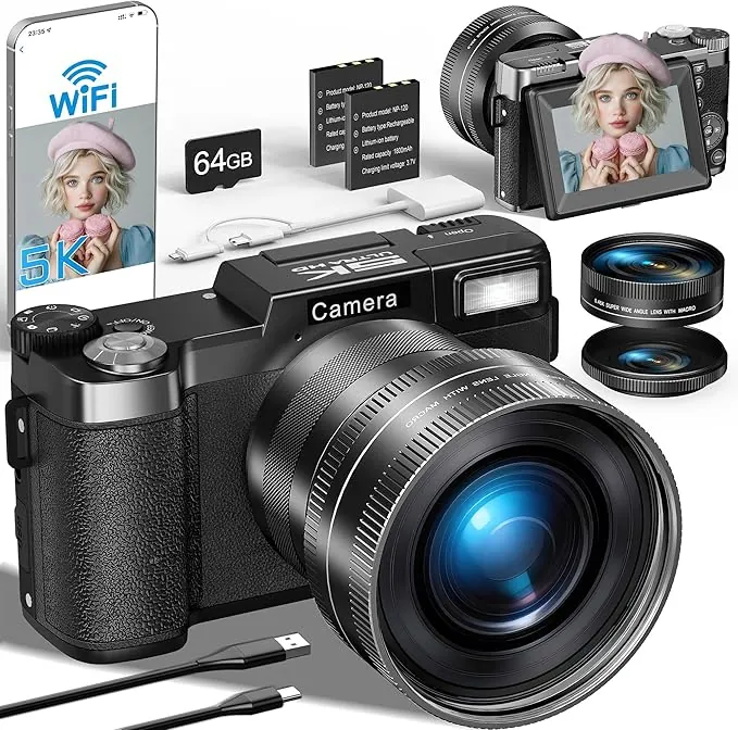 5K Cámara Digital, 64MP Camara de Fotos con WiFi, Tarjeta de 64GB, Enfoque Automático, Linterna Ajustable Pantalla Giratoria de 180° para Vlog y Principiantes, Objetivo Grande Angular y Macro 2 Pilas