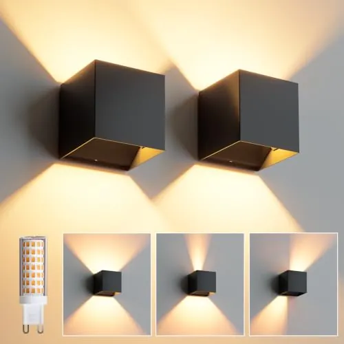 YrgePowk 2 Piezas Aplique Pared Interior/Exterior, Lampara de pared Con G9 LED Bombillas Reemplazables 9W Blanco Cálido, Aplique Pared Exterior Impermeable IP65 Ángulo de haz Ajustable Negro