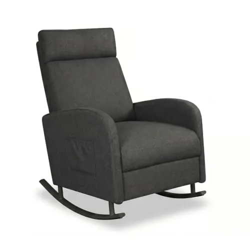JIEXI Silla mecedora, moderna y cómoda, tapizada, en tela con respaldo alto, con bolsillo lateral, capacidad 150 kg, silla gris para salón, dormitorio, balcón