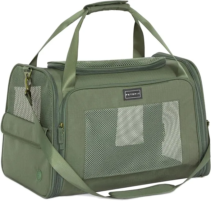 Petsfit Transportín Perro Gato Plegable Transportin Gato Mochila Mediano Grande Bolso Perro Pequeño Transpirable con Tirantes Ajustables y Acolchado Suave Coche y Tren, L/Verde