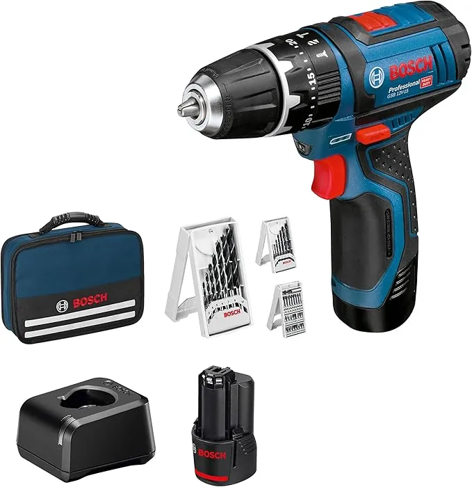 Bosch Professional 12V System taladro percusión batería GSB 12V-15 (Ø broca madera máx.: 19 mm, incl. 2 baterías 2.0Ah+cargador, 2 sets brocas, 1 set puntas, bolsa herramientas) - Set exclusivo Amazon