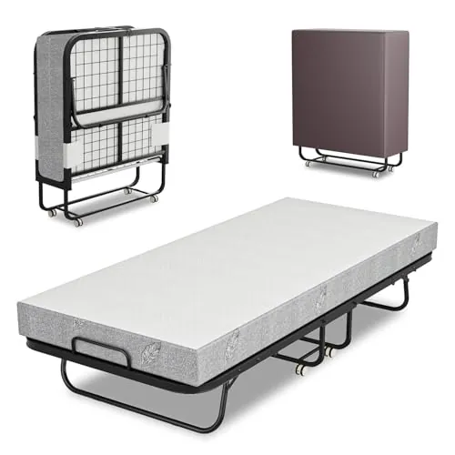 Eikuavons Cama plegable de 90 x 200 cm, cama plegable para invitados, incluye colchón de espuma de 13 cm y funda protectora, sin montaje, marco plegable de metal estable, con 4 ruedas, capacidad de