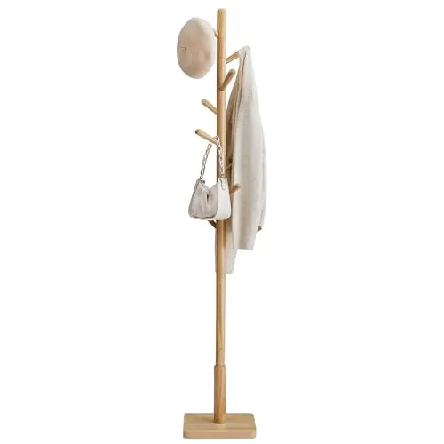 VASAGLE Perchero, Madera Maciza, en Forma de Árbol, 8 Ganchos para Chaquetas, Sombreros, para Pasillo, Ganchos y Barra de Soporte de Madera de Caucho, Beige Natural RCR010N01