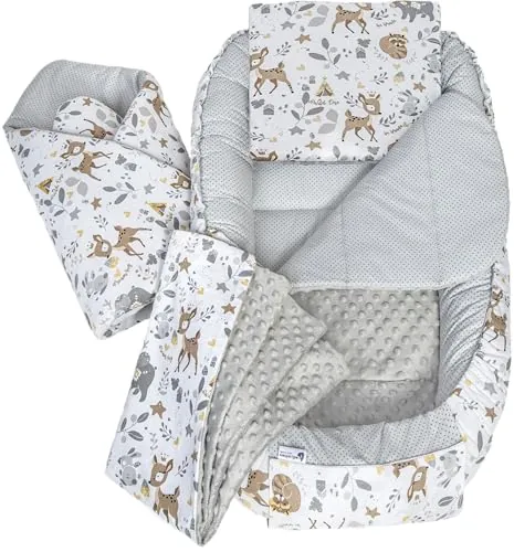 Medi Partners Nido Bebe Recien Nacido Reductor de Cuna - 100x60x15 Juego de 5 Piezas bebés anticolicos Bilateral Portátil o de Viaje 100% Algodón (Ciervo con Minky Gris)