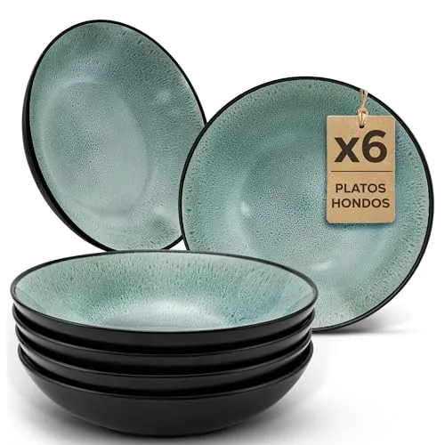 Twinzee Vajillas Completas 6 Personas de Gres Sage Resistente - 6 Platos Hondos estilo Riviera - Apta microondas