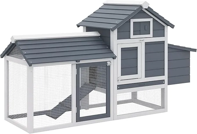PawHut Gallinero de Madera para Exterior XXL Gallinero con 2 Corrales de Alambre Caja Nido con Techo Abrible Bandeja Extraíble de Metal Galvanizado y Rampa 151,5x54x87 cm Gris