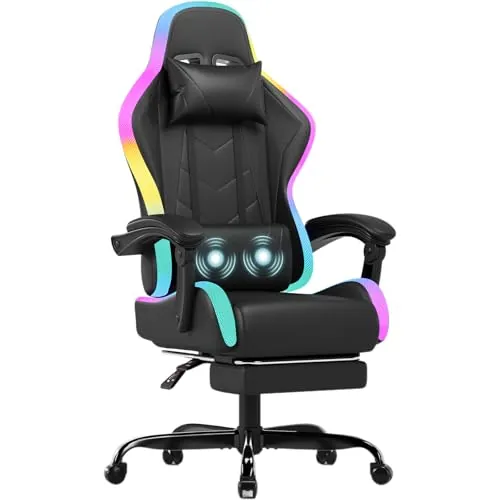 JUMMICO Silla de Gaming con LED, Cool Racing Gamer, Silla ergonómica de Oficina con función de Masaje, Respaldo Ajustable de 90 a 135°, con reposapiés telescópico, Silla de Gaming de 150 kg, Negro