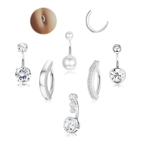 FIOROYAL 6 Piezas Piercing Ombligo para Mujeres, 14G Acero Quirúrgico, Oro/Plata, CZ Clicker Chapados S