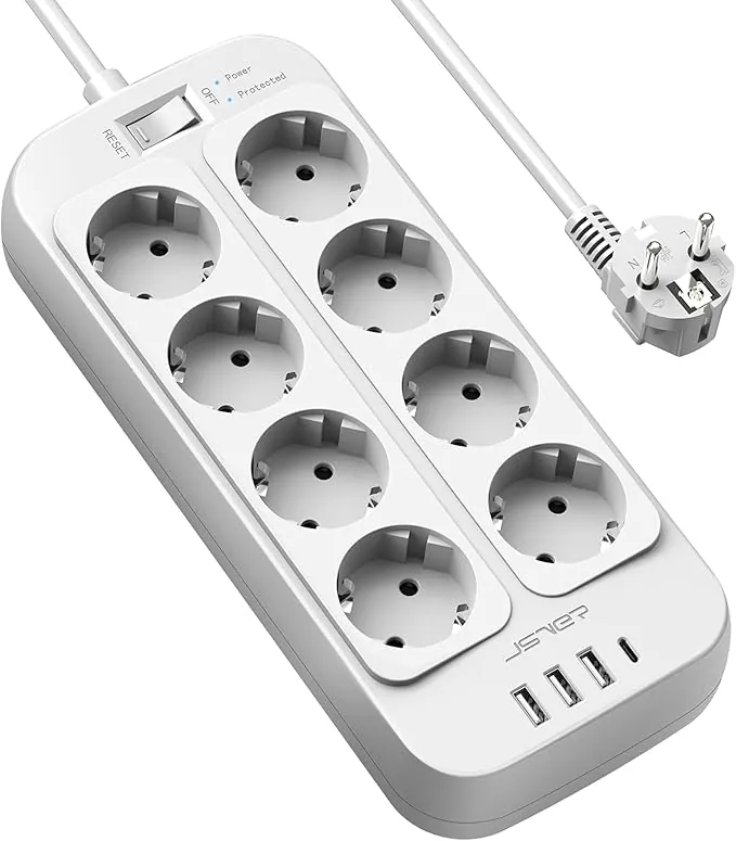 JSVER Regleta Enchufe Alargador con 4 Puertos USB(3 USB A+1 USB C) y 8 Tomas(3680W) Protección Sobretensión Multiple Carga para iPad iPhone Tablets,Cable 2m-Blanco