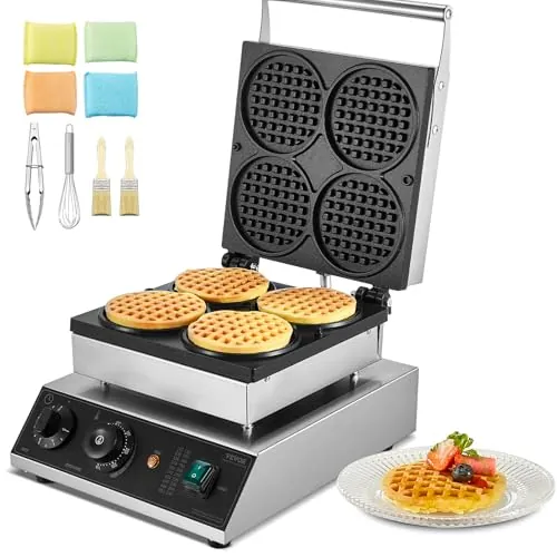 VEVOR Máquina para Hacer Gofres Comerciales, 4 Piezas, Acero Inoxidable Antiadherente de 1750 W con Control de Temperatura y Tiempo, para Restaurantes, Panaderías, Bares y Familias, 300 x 405 x 245 mm