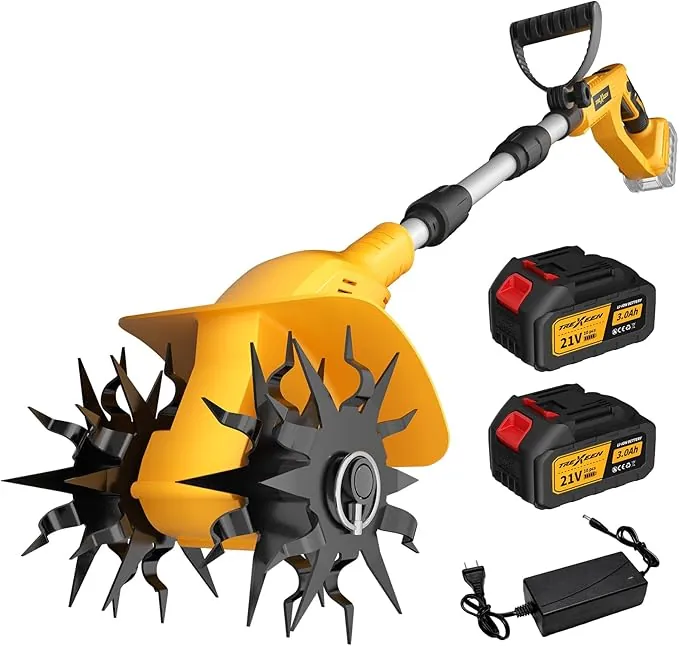 Motoazada Eléctrica de 21 V, Cultivador de Jardín, 360 RPM, con 2 Baterías de 3,0 Ah y Cargador, Ancho de Trabajo de 20 Cm, Profundidad de 16 Cm, Motoazada para Suelos