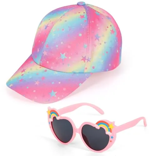 Gorra Niña y Gafas de Sol, Gorras de Béisbol Tie-Dye con Estelar Sombreros para el Sol Arcoíris Ajustable Gafas de Corazon para Niños Sombrero Verano con Visera Rosa Regalo Niña 3-8 Años