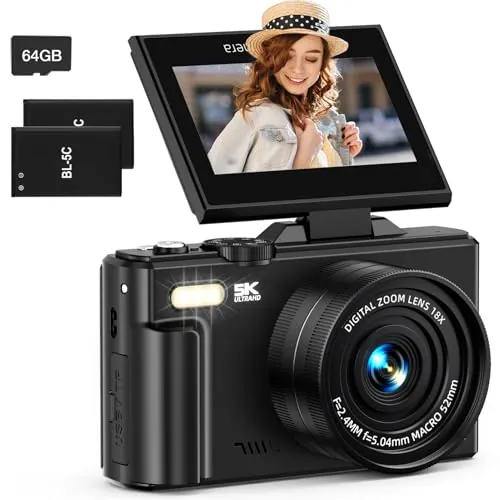 Cámara Digital 5K para fotografía, cámara de vlogging WiFi de 75 MP para Youtube con Pantalla abatible de 3 Pulgadas y 180°, cámara de Video de Enfoque automático UHD con Zoom de 18X, cámara compacta