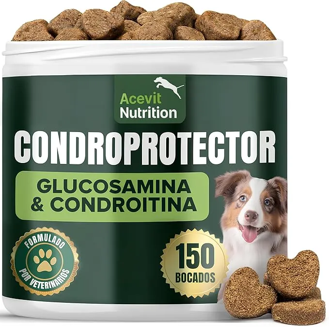 Condroprotector Perros, 150 uds, 100% Natural, Articulaciones y Cartílagos, Antiartrosis con Glucosamina, Condroitina, MSM, Ácido hialurónico, Colágeno, Omega 3 y 6, Vitaminas C y E