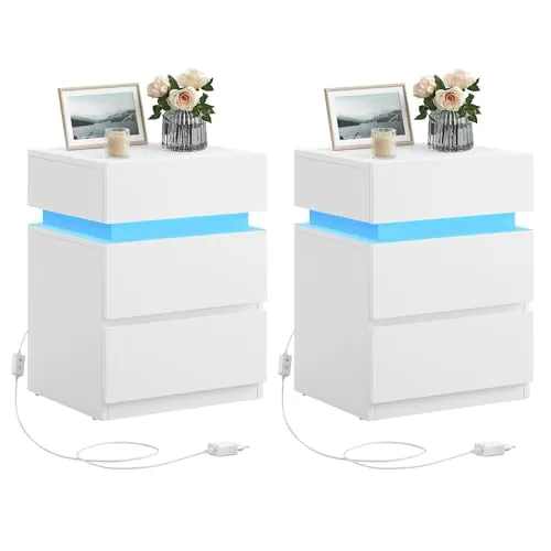 VASAGLE KAILYN Colección - Juego de 2, Mesita de Noche con Tira de Luz LED Multicolor Variable, 3 Cajones, Mesa Auxiliar, Estilo Moderno, 35 x 40 x 55 cm, Blanco Nube LET0830W01