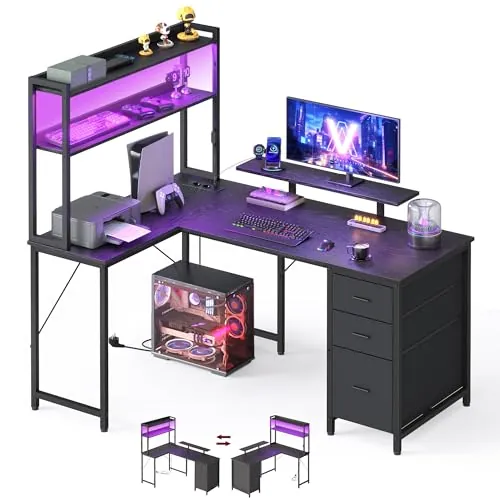 VASAGLE Escritorio en Forma de L, con Enchufes, Luces LED, Cajones y Soporte para Monitor, 140 x 100 x 150 cm, Negro, para Oficina en Casa y Gaming, Colección Barnet LWD162B101