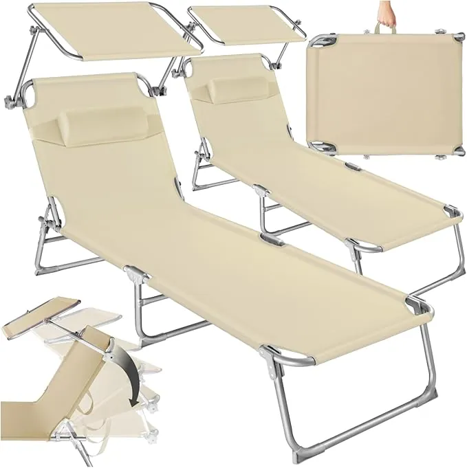 tectake® Set de 2 Tumbonas Jardín Exterior con Parasol y Respaldo Regulables, Tumbona Plegable con Reposacabezas, para Playa Resistente a la Intemperie, Tumbona Piscina Carga Máx. 110 kg - Beige