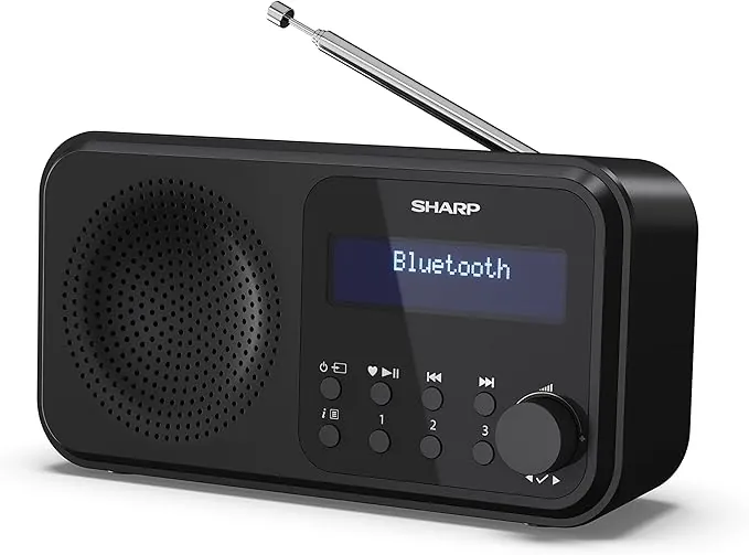 Sharp DR-P420(BK) Tokyo Dab+, Dab and FM Portable Digital Radio with RDS, BT 5.0, USB or Batteries, Mini Jack, Telescopic Antenna, Auto Search, 20+20 Memories, Time and Date Auto, Alarm, Black