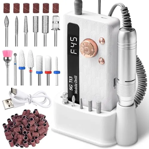 Taladro Eléctrico para Uñas Profesional de 45000 RPM, Lima Portátil Inalámbrica con 13 Puntas y 56 Bandas de Lijado, Pantalla LCD, Ultra Silenciosa, Recargable para Uñas Acrílicas y de Gel ( Blanco)
