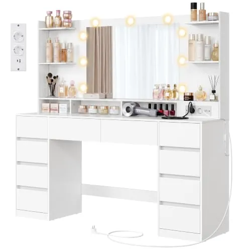VASAGLE Tocador de Maquillaje con Luz, Mesa de Maquillaje con Espejo y Cajones, Escritorio con Enchufe y Puertos USB, 137 x 40 x 144,3 cm, Blanco Nube, Colección Kailyn RDT341WB01
