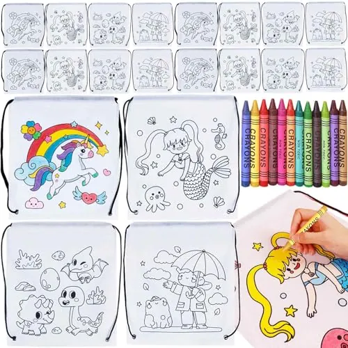 Tianher Bolsas con cordón para niños, 20 mochilas para colorear con 12 lápices de cera,Bolsa de deporte con cordón,Regalos infantiles para fiestas y cumpleaños