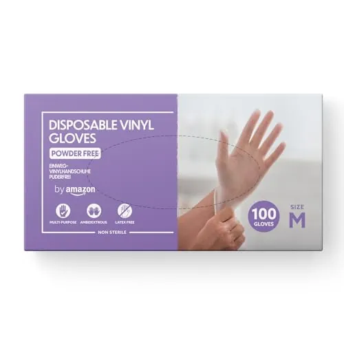 by Amazon Guantes Desechables de Vinilo, sin Polvo, sin Látex, Talla M, Paquete de 100