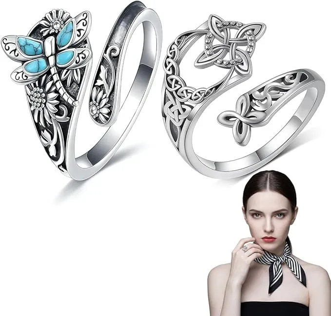 2er Pack Anillo Nudo de Bruja Ajustable – Anillo Celta de Plata Vintage, Joya Simbólica de Protección para Mujer