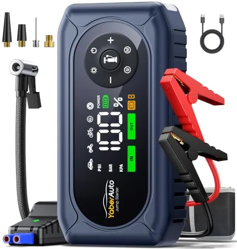 Arrancador de Baterias de Coche con Compresor de Aire, 6000A YaberAuto Arrancador de Coche Portatil (9,0L Gas/8,0L Diesel) con 150PSI Inflador, Guantes Aislantes, Pantalla Grande y Linterna LED