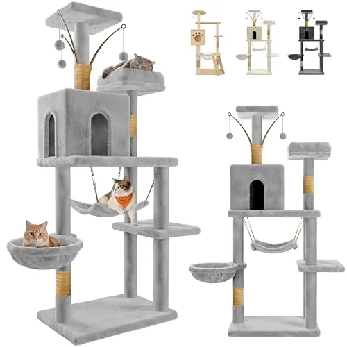 JUPPLIES Árbol Rascador para Gatos 143 cm – Torre de Juegos y Descanso con 5 Plataformas, 3 Nidos, 1 Cueva y Hamaca – Poste de Sisal y Base Estable 60×40 cm – Ideal para Hogares (Gris)