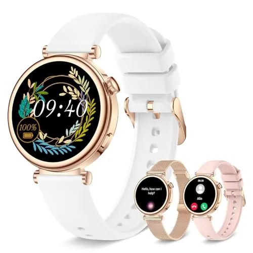 Reloj Inteligente Mujer Pequeño, Smartwatch Mujer Redondo 1.27" 41mm con Llamadas, 3 Correas, Pulsera Actividad con 100+ Modos Deportivos Pulsómetro Sueño Cuenta Pasos para Android & iPhone, Rosa Oro