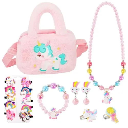 VGMANNTA Unicornios para Niñas Bolso Collares Pulseras Anillos Clips para Las Orejas Pinzas Cabello Joyas Regalo 4-8 Años-Rosa