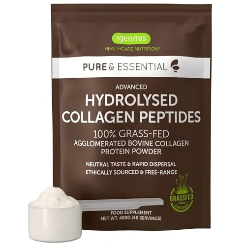 Colágeno Hidrolizado en Polvo, Péptidos de Colágeno Bovino Tipos 1, 2 y 3, 100% Grass Fed, Libre Pastoreo, Ingredientes Puros, Fácil de Disolver, 40 Dosis, Para Hombre y Mujer, de Igennus