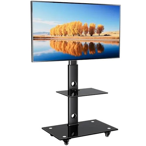 BONTEC Soporte TV Ruedas para Pantallas de 30-70 Pulgadas Plasma/LCD/LED, Soporte TV Altura Ajustable 6 Niveles, 2 Vidrio Templado, hasta 40 kg, Máx. VESA 600x400 mm, Suelo para Salon Oficina Escuela