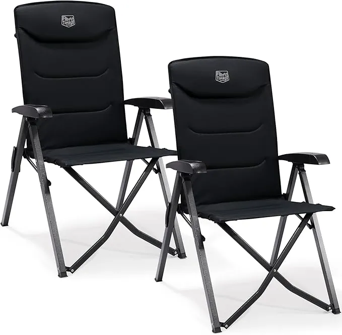 TIMBER RIDGE Silla de Camping Adulto 150kg Sillas de Jardín Plegable Portátile de Alta Resistencia Respaldo Alto Silla Reclinable de 4 Posiciones para Campamento Picnic Jardín Caravana (2 Pcs, Negro)