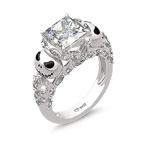 Jeulia Jack con Skellington Anillos de plata de ley 925 con diseño de calavera de pesadilla antes de Navidad, anillo de compromiso romántico para niñas adolescentes (14.5)