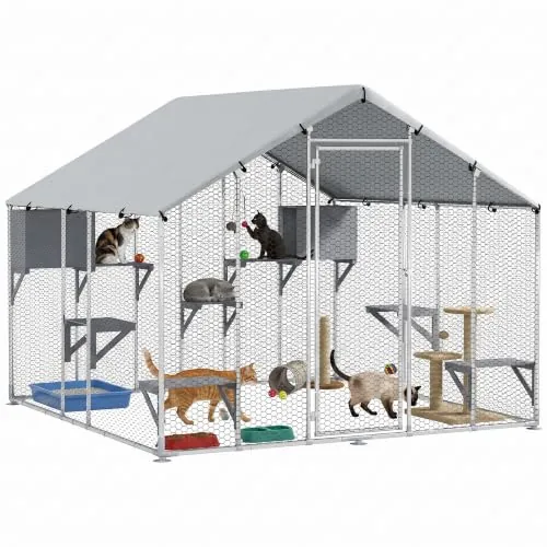 PawHut Jaula Grande para Gatos Exterior con 2 Casitas 240x193x195 cm Plata