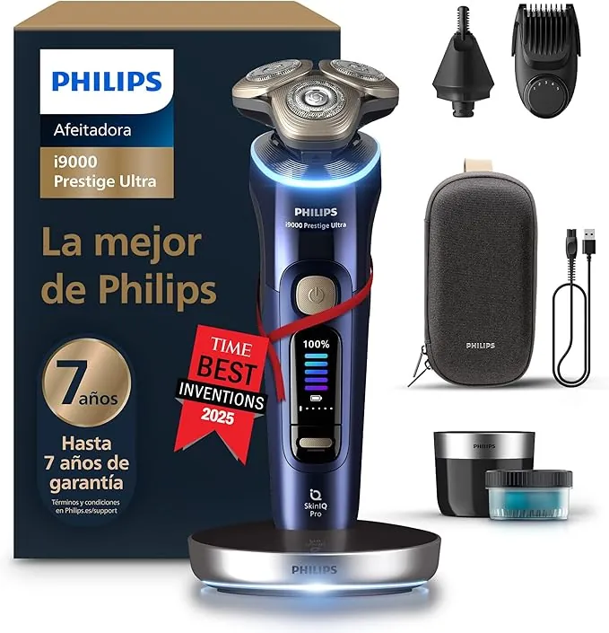 Philips i9000 Prestige Ultra, Afeitadora Eléctrica Hombre, Máquina de Afeitar Barba Seco y Mojado, SkinIQ Pro, Base de Carga, Recargable, Estuche, Centro de limpieza, Recortador, Naricero, XP9401/38