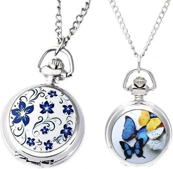Reloj de bolsillo de cuarzo con colgante de azul de plateado y colgante de cuarzo para mujer, collar de cadena vintage con mariposa [reloj], plata