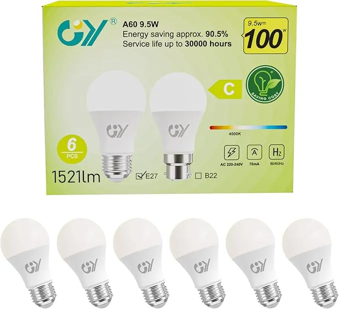 GY 9.5W Bombillas Led E27 4000K Luz Neutra, 1521 Lúmenes, No Regulable, A60 Bombilla Bajo Consumo Pack de 6
