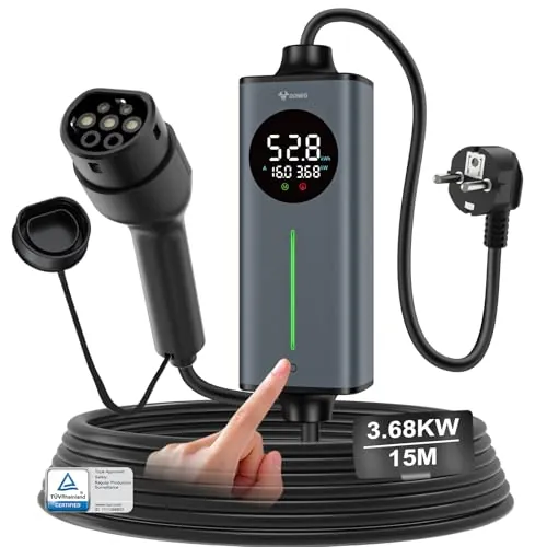 GONEO cargador coche electrico tipo 2 schuko 16A 3,68kw monofásico 15M | AC 30mA+DC 6mA Protección | sensor de temperatura y tierra detección | tiempo y corriente ajustables,estación de carga portátil