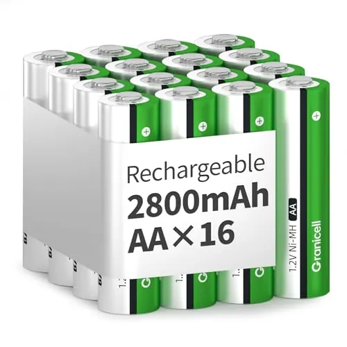 Granicell, Paquete de 16 Pilas Recargables AA - 2800 mAh - Alta Capacidad - 1500 ciclos - 1,2 V NiMH - Baja autodescarga