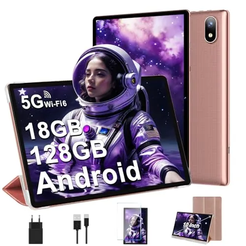 DMOAO Tablet 10 Pulgadas Android con 5G Wi-Fi 6, HD Tablet con 18GB RAM + 128GB ROM (TF 1TB), Widevine L1, 8 Cores 2.0 GHz, Bluetooth 5.0, 1280 * 800 IPS, USB-C, 6000 mAh, Oro