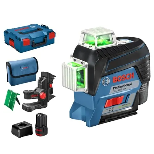 Bosch Professional 12V System nivel láser GLL 3-80 CG (2 baterías de 12 V, cargador, láser verde, función de aplicación, soporte, alcance: hasta 30 m, en L-BOXX) – Amazon Exclusive Set