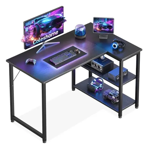 Coleshome Escritorio Gaming, 100x70cm Escritorio Esquinero con Estante de Almacenamiento Reversible, Mesa Escritorios Que Ahorra Espacio, Adecuado para Escritorios de PC en Rincones Familiares, Negro