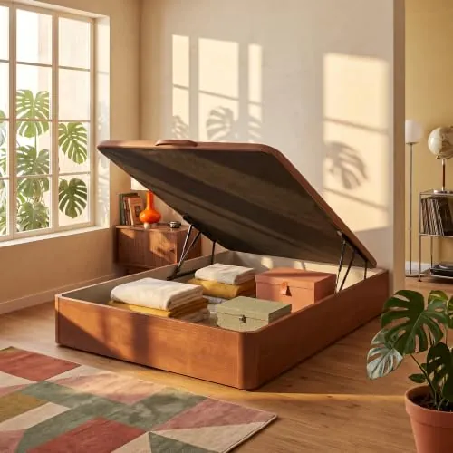 What The Sleep | Canapé Abatible de Madera Gran Capacidad | 135x190 | Montaje y Retirada Usado Incluido | Cerezo | 32 cm | Apto Todos Colchones | Esquinas Delanteras Redondeadas | Storage Bed