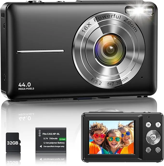 Cámara Digital 1080P 44MP Cámara de Vlogging para Niños Adolescentes, FHD Compacta Portátil con Pantalla de 2,4" Zoom 16X, Mini Cámara Anti-vibración para Principiantes Estudiantes-Negro