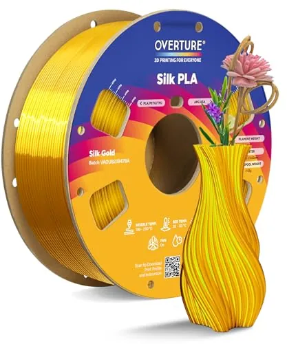 OVERTURE Seda PLA Filamento de 1,75 mm, Bobina de 1 kg (2,2 lb), Precisión Dimensional +/- 0.02 mm, Para Impresora 3D(Seda Dorada)